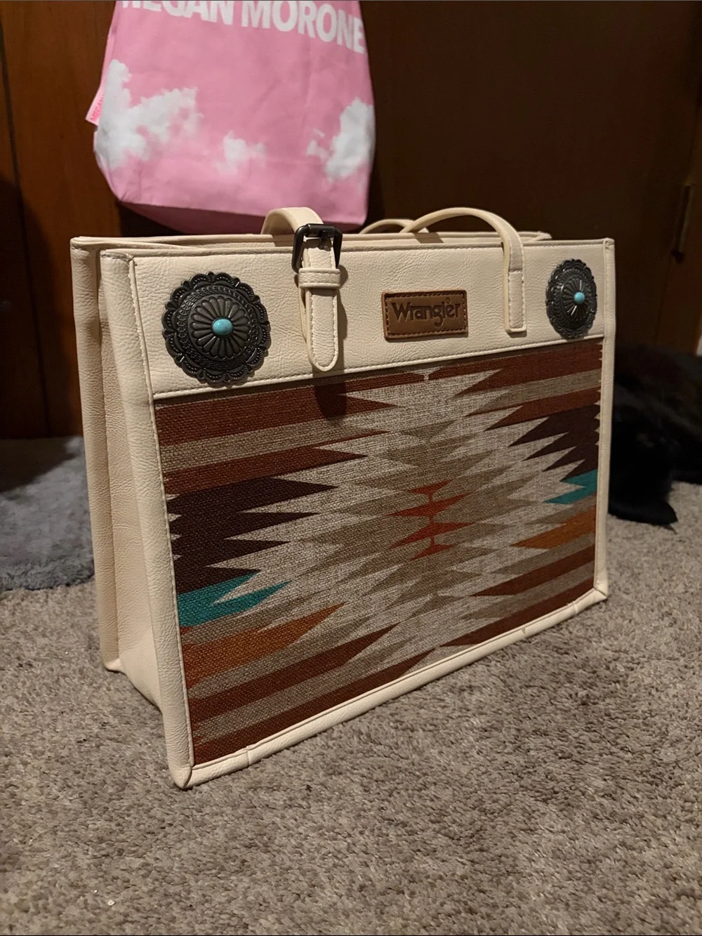 Wrangler Cream Tote with Southwestern Aztec Weave and Turquoise Studs